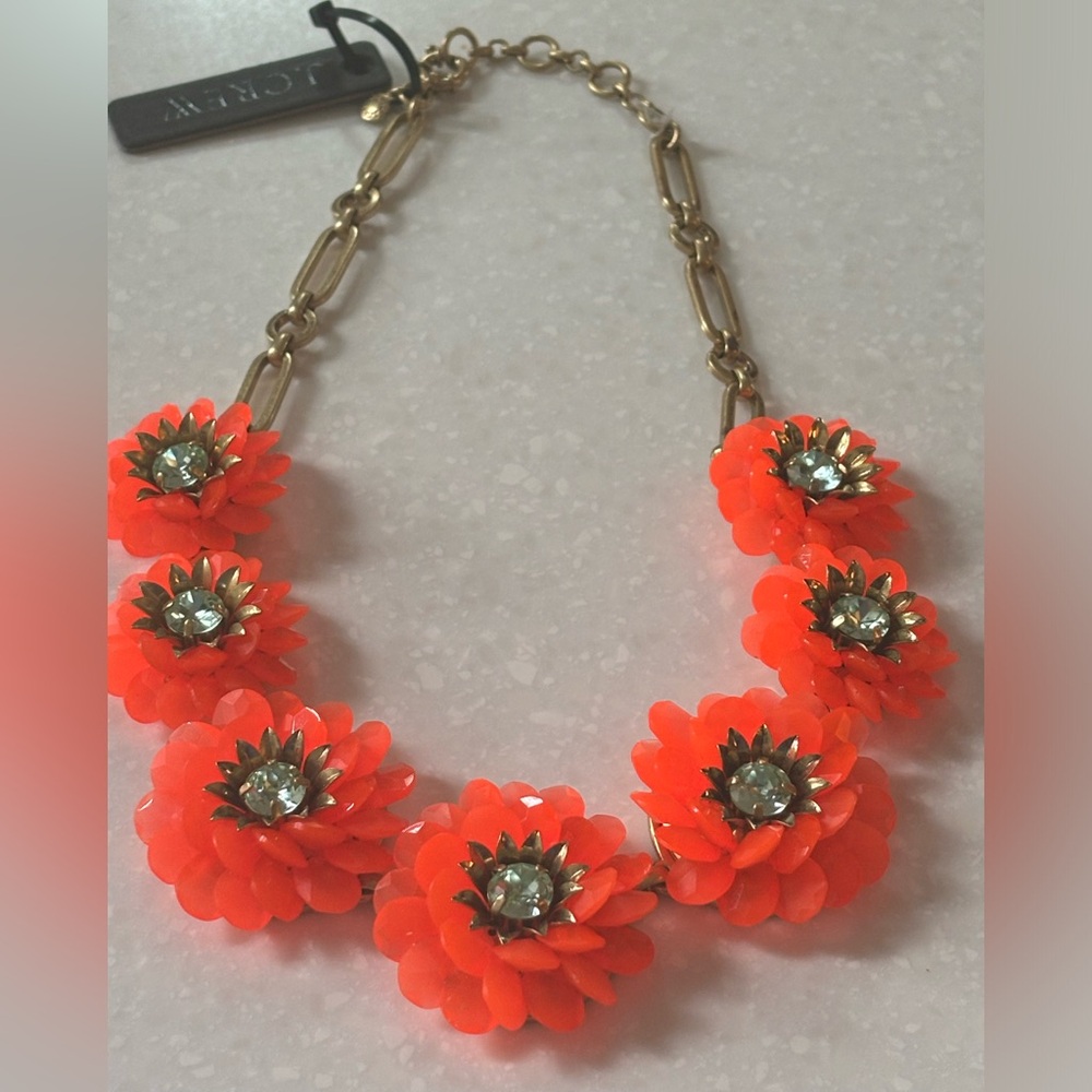 NWT J.Crew Bright Orange summer floral Statement Necklace neon whismy